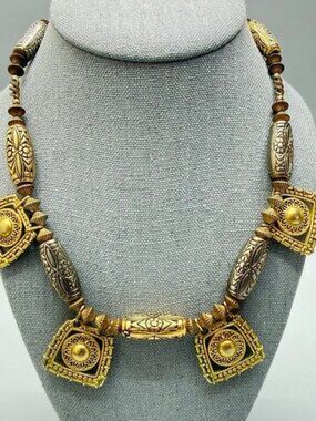 VTG Gold Tone Etruscan Revival Bib Necklace 16" Repoussé Pendant Beads Statement